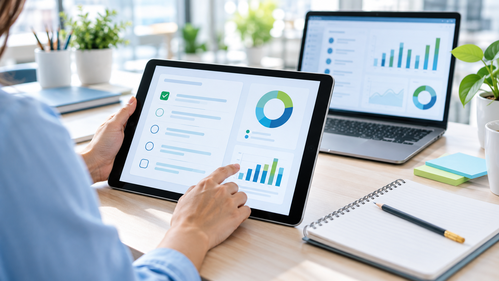 Tablet con panel de encuestas digitales y gráficos